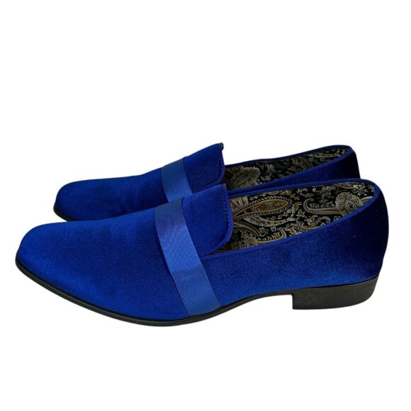 Mens Blue Velvet Loafers With Ribbon Accent & Paisley Lining Size 11 - Picture 3 of 11